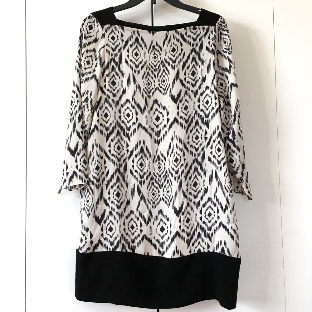 Zara Basic Black White Ikat Print 3/4 Long Sleeve Pullover Tunic Mini Dress